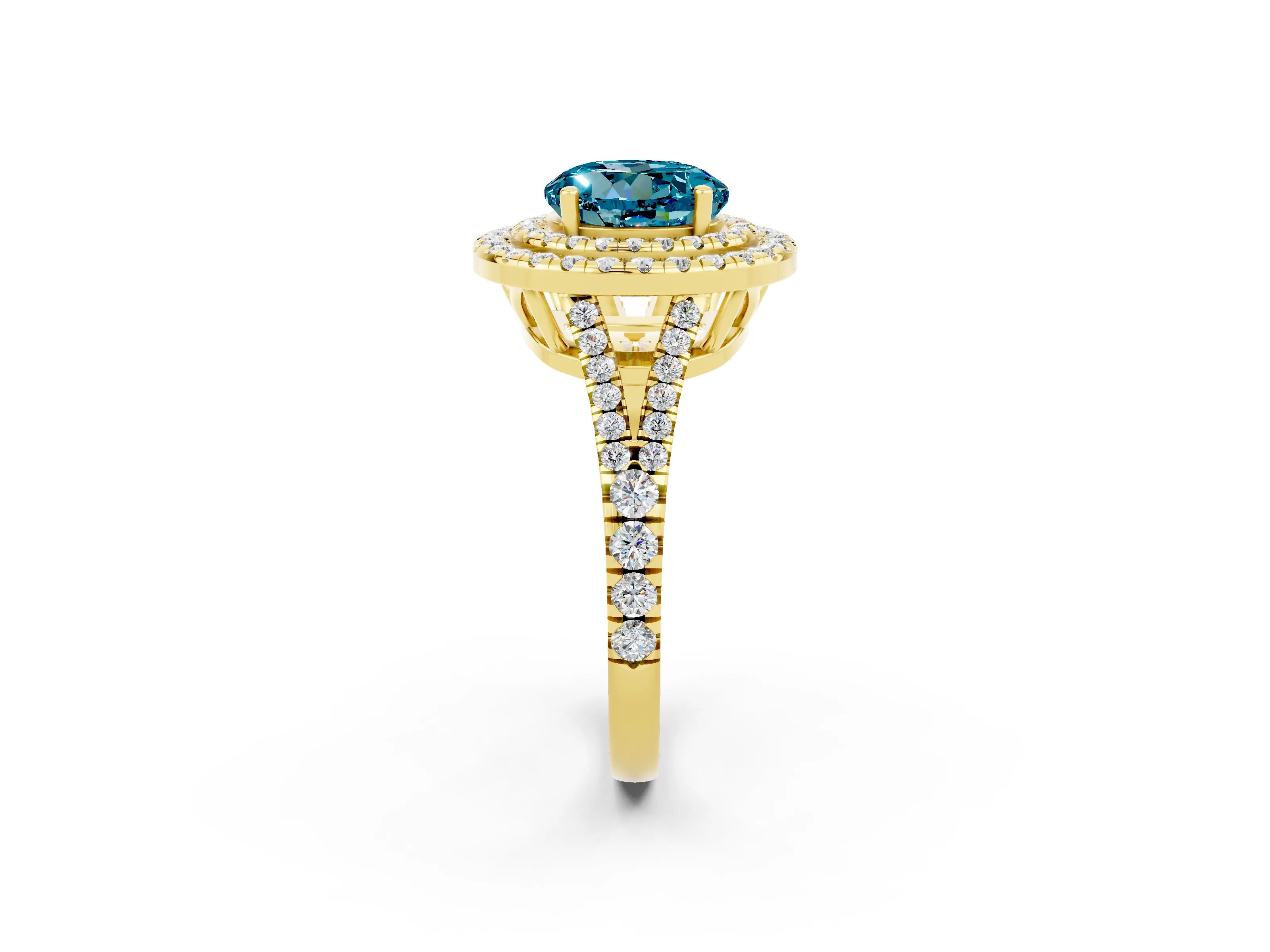 Yellow gold Round Cut Blue Topaz Double Halo Ring with Pavé Band and Prong Setting_14