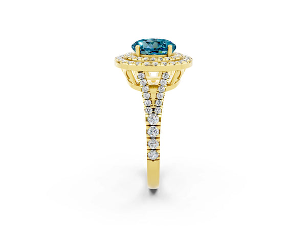 Yellow gold Round Cut Blue Topaz Double Halo Ring with Pavé Band and Prong Setting