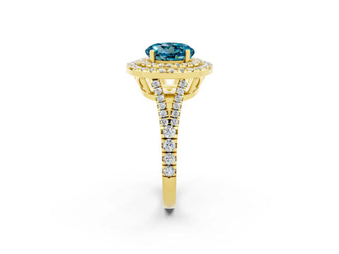 Yellow gold Round Cut Blue Topaz Double Halo Ring with Pavé Band and Prong Setting_14