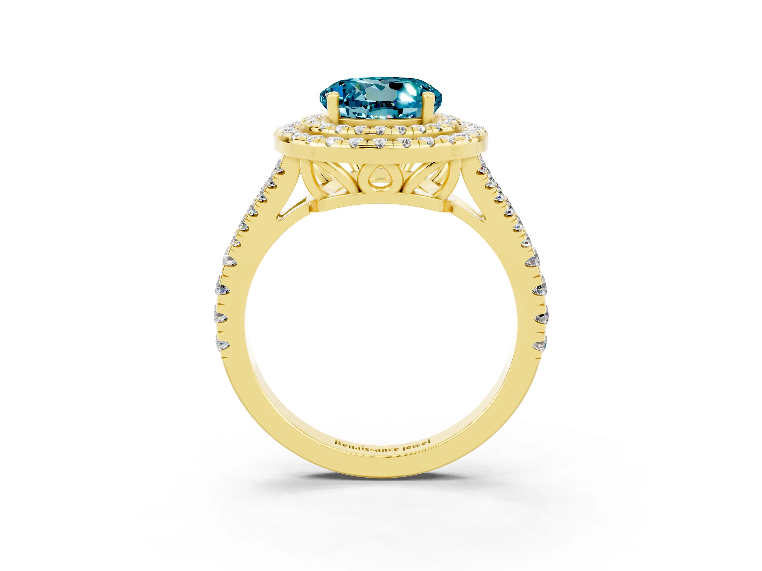 Yellow gold Round Cut Blue Topaz Double Halo Ring with Pavé Band and Prong Setting_15