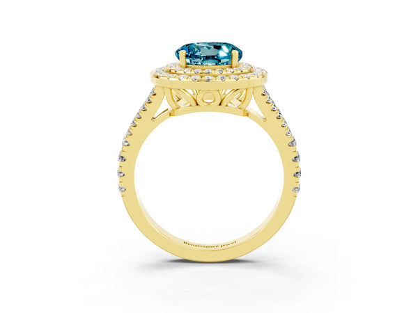 Yellow gold Round Cut Blue Topaz Double Halo Ring with Pavé Band and Prong Setting
