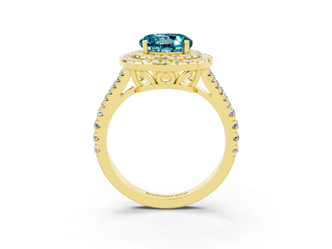 Yellow gold Round Cut Blue Topaz Double Halo Ring with Pavé Band and Prong Setting_15