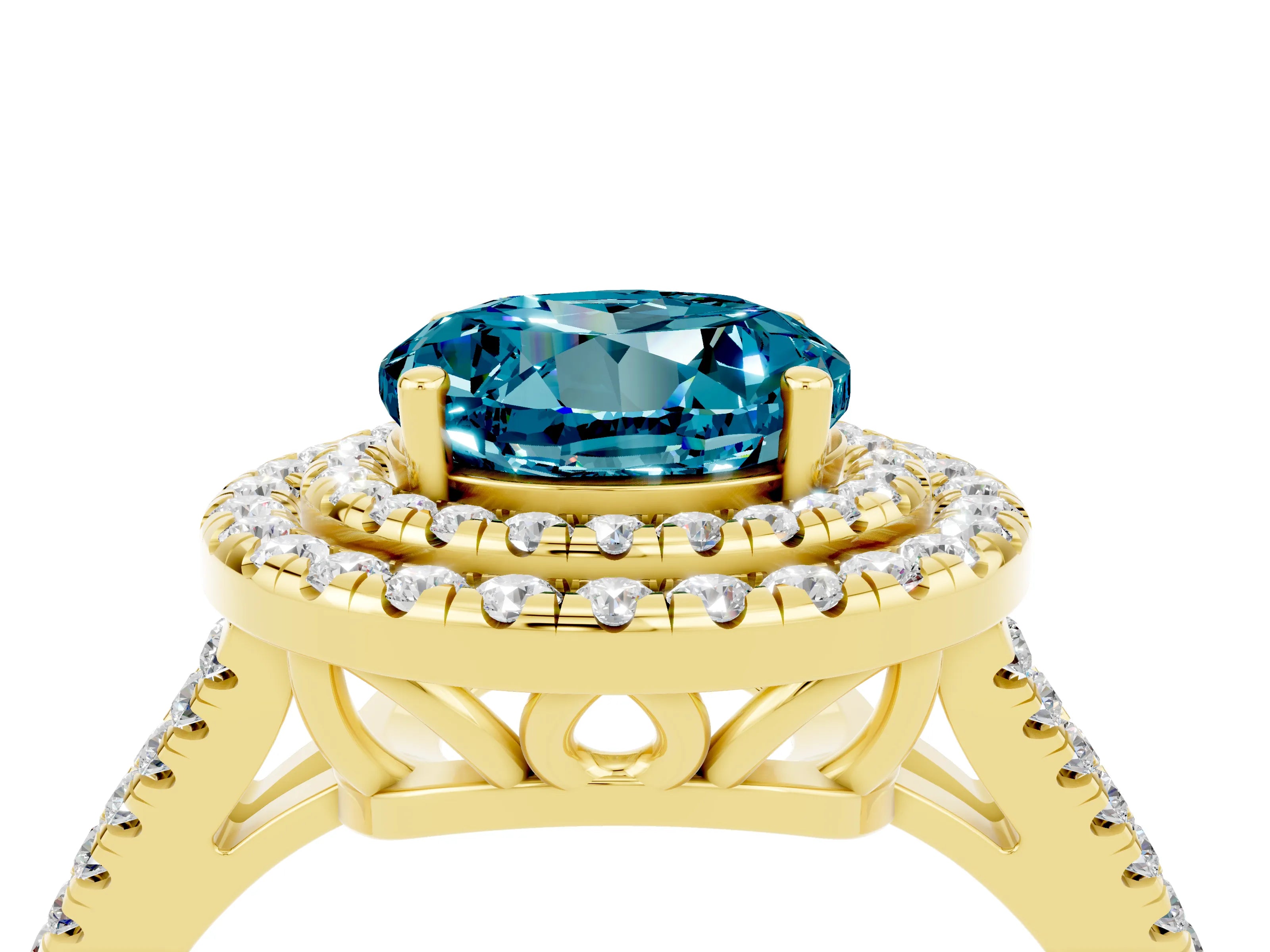Yellow gold Round Cut Blue Topaz Double Halo Ring with Pavé Band and Prong Setting_16