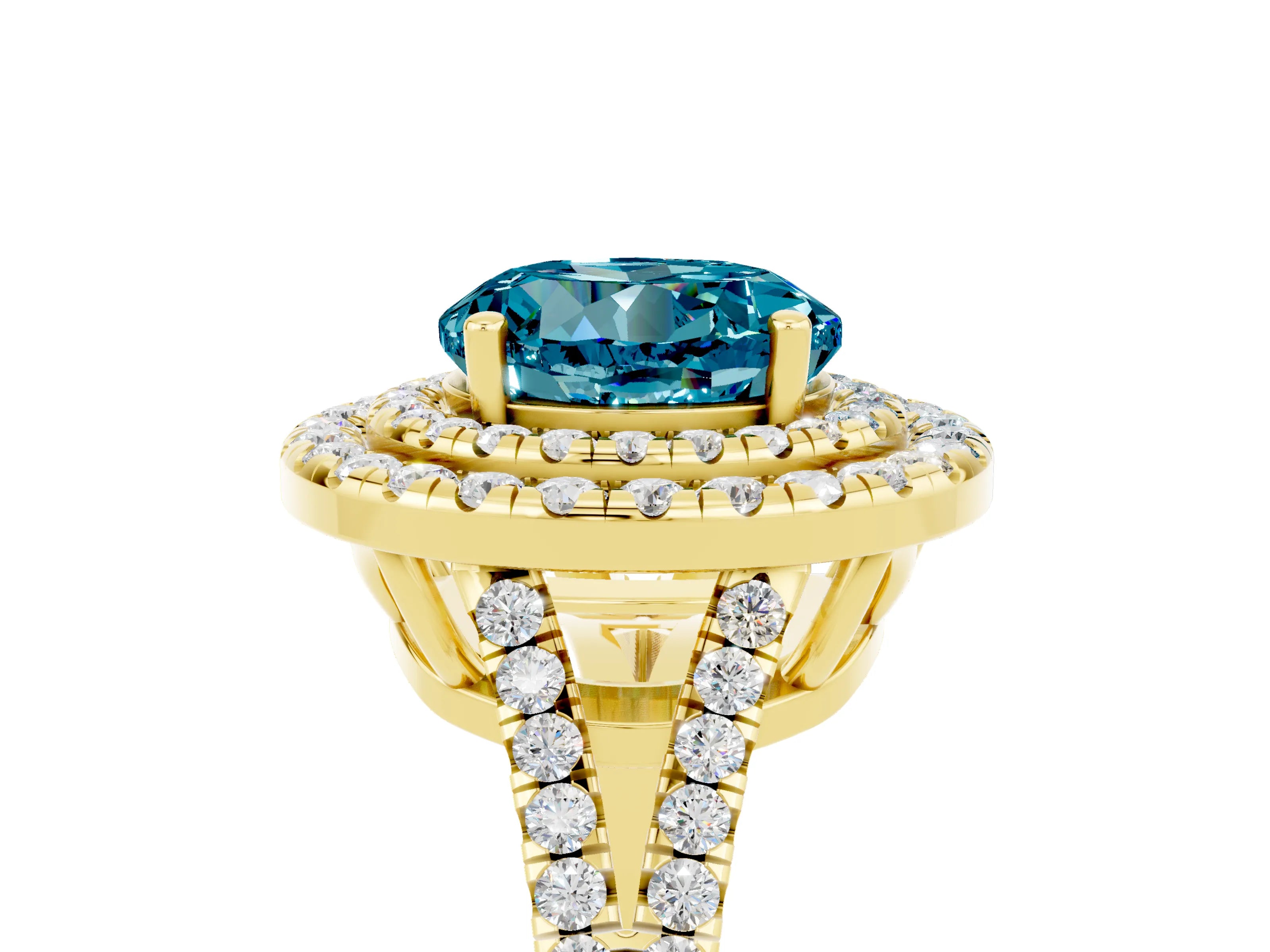 Yellow gold Round Cut Blue Topaz Double Halo Ring with Pavé Band and Prong Setting_17
