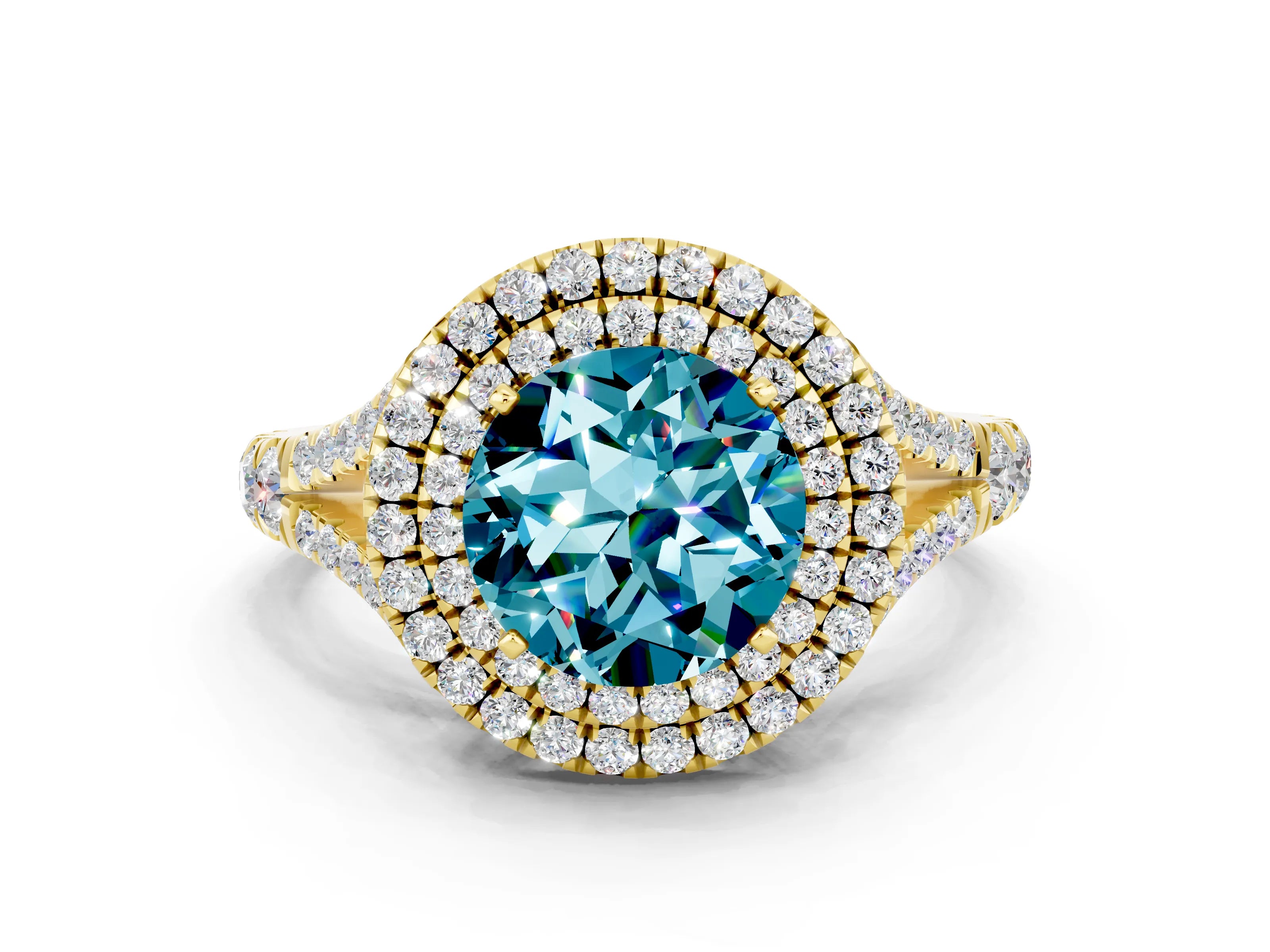 Yellow gold Round Cut Blue Topaz Double Halo Ring with Split Shank and Prong Setting_12