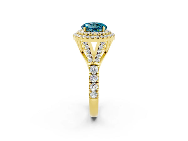 Yellow gold Round Cut Blue Topaz Double Halo Ring with Split Shank and Prong Setting