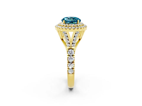 Yellow gold Round Cut Blue Topaz Double Halo Ring with Split Shank and Prong Setting_14