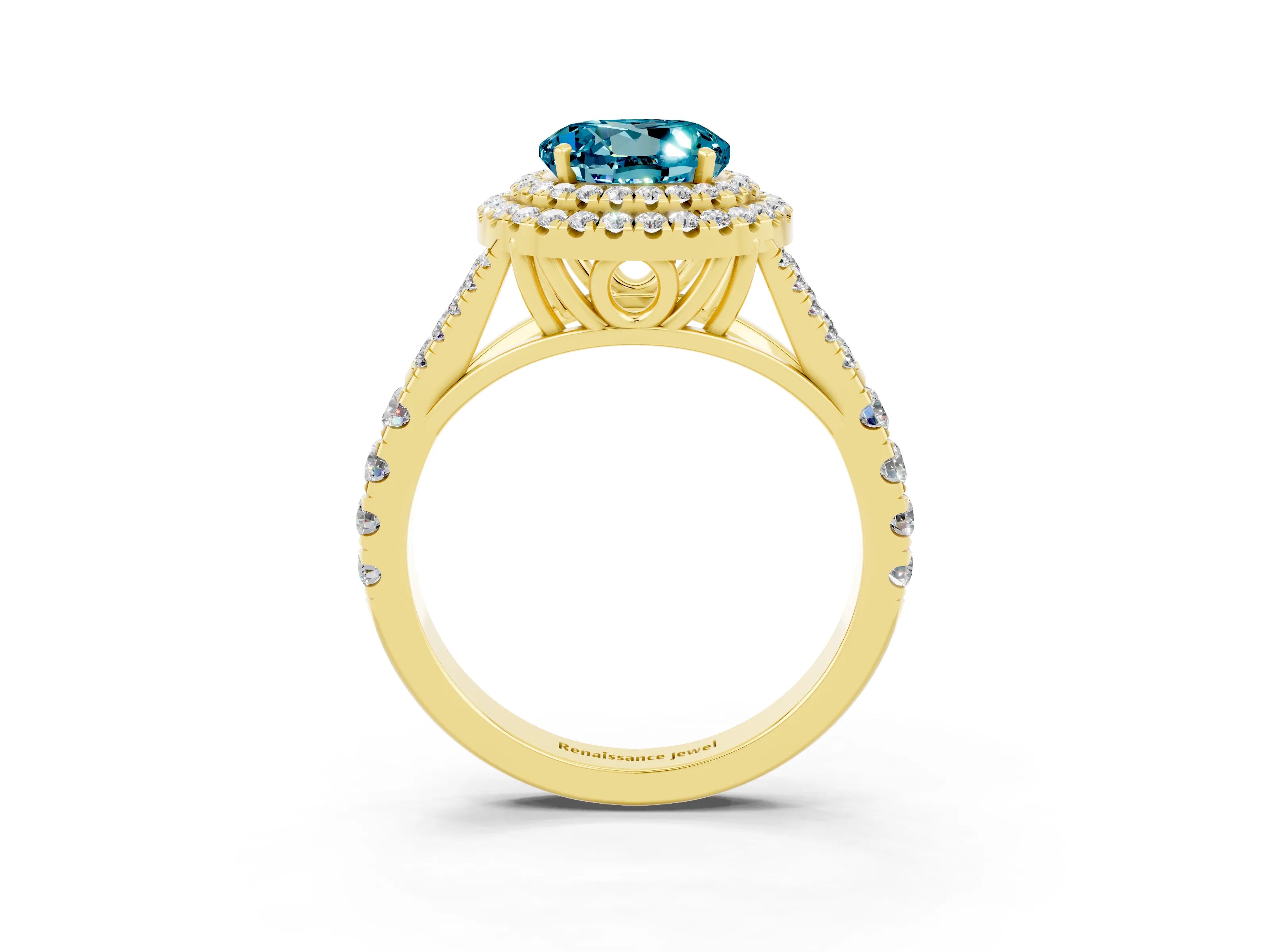 Yellow gold Round Cut Blue Topaz Double Halo Ring with Split Shank and Prong Setting_15