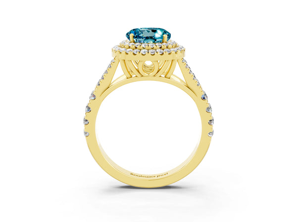 Yellow gold Round Cut Blue Topaz Double Halo Ring with Split Shank and Prong Setting