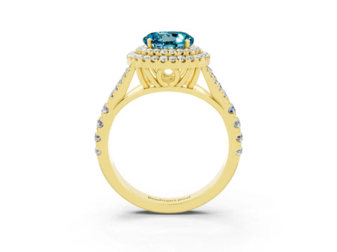 Yellow gold Round Cut Blue Topaz Double Halo Ring with Split Shank and Prong Setting_15