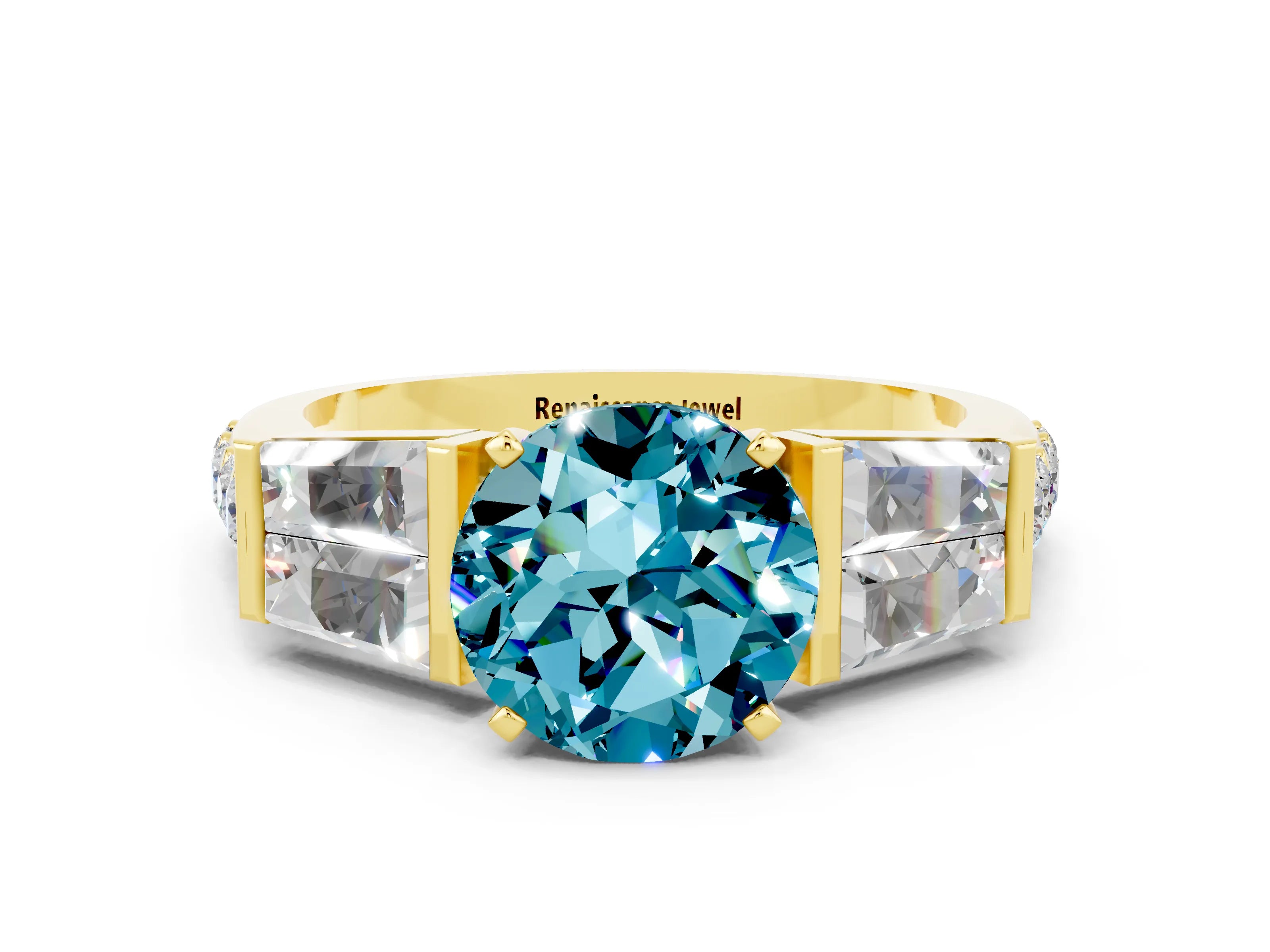 Yellow gold Round Cut Blue Topaz Engagement Ring with Baguette Side Stones and Channel Set Band