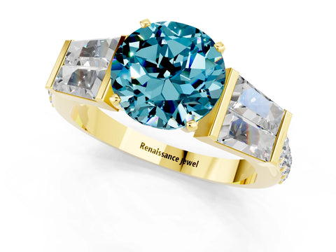 Yellow gold Round Cut Blue Topaz Engagement Ring with Baguette Side Stones and Channel Set Band_1