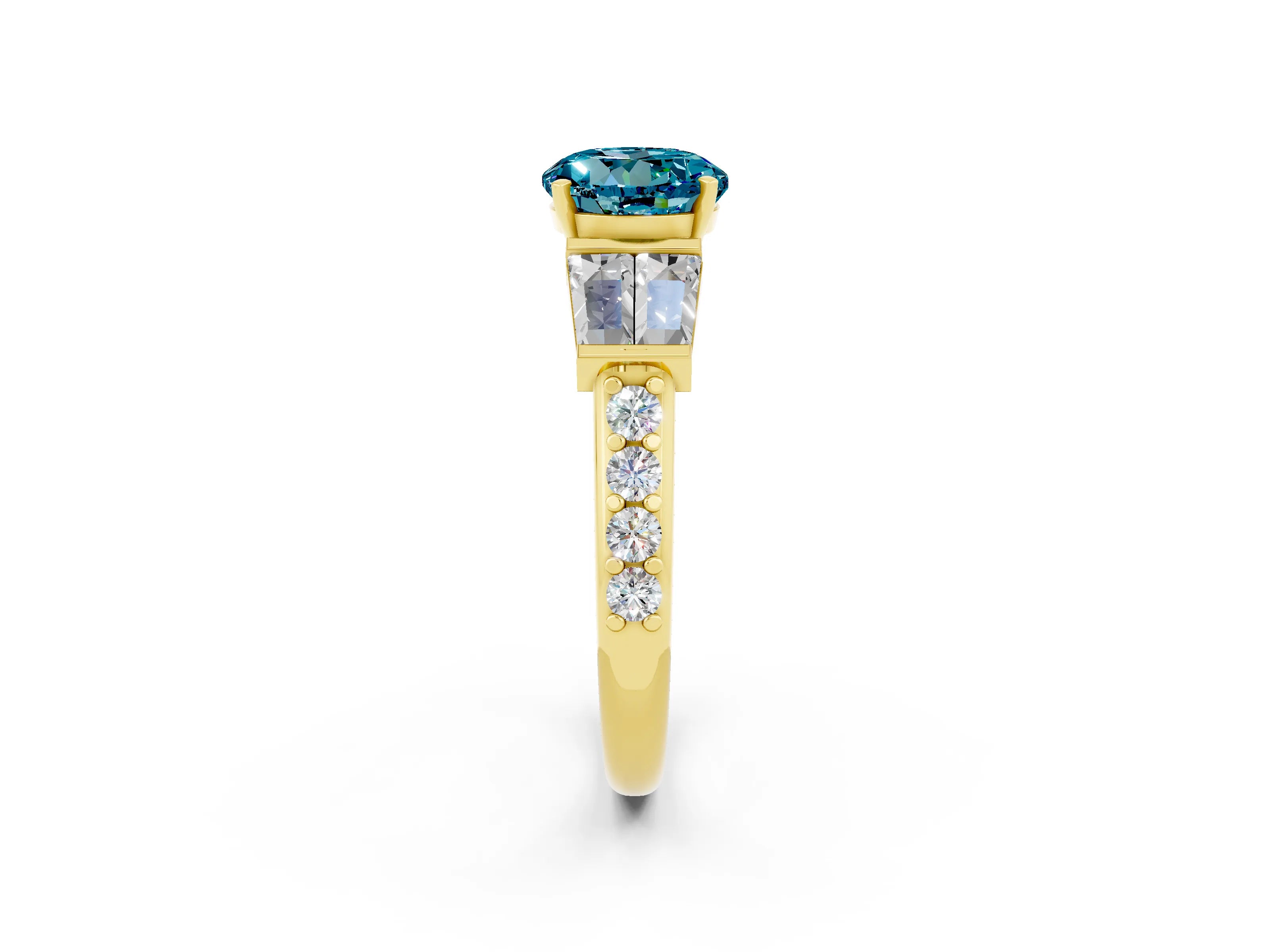 Yellow gold Round Cut Blue Topaz Engagement Ring with Baguette Side Stones and Channel Set Band_2