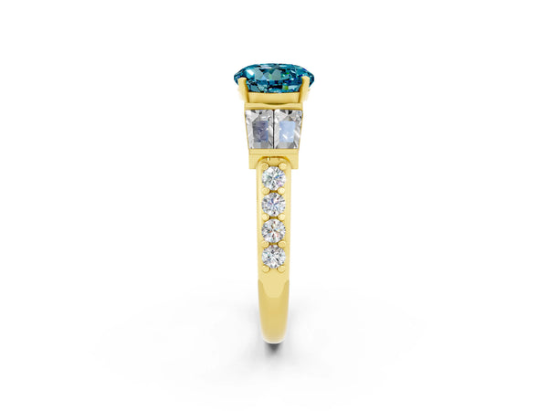 Yellow gold Round Cut Blue Topaz Engagement Ring with Baguette Side Stones and Channel Set Band