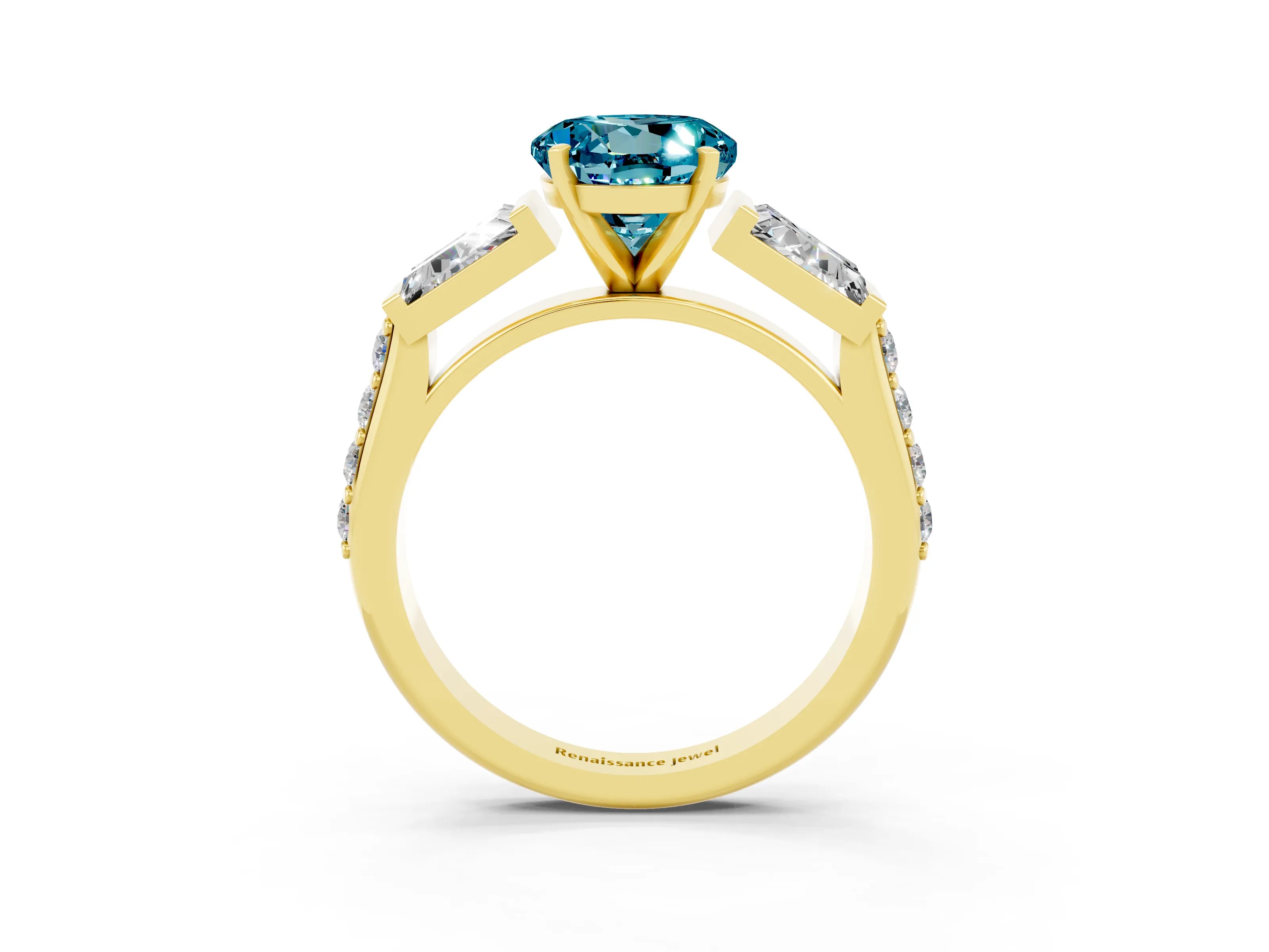 Yellow gold Round Cut Blue Topaz Engagement Ring with Baguette Side Stones and Channel Set Band_3