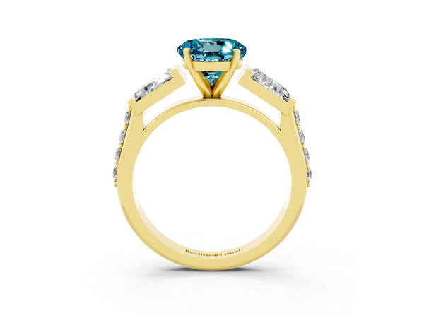 Yellow gold Round Cut Blue Topaz Engagement Ring with Baguette Side Stones and Channel Set Band