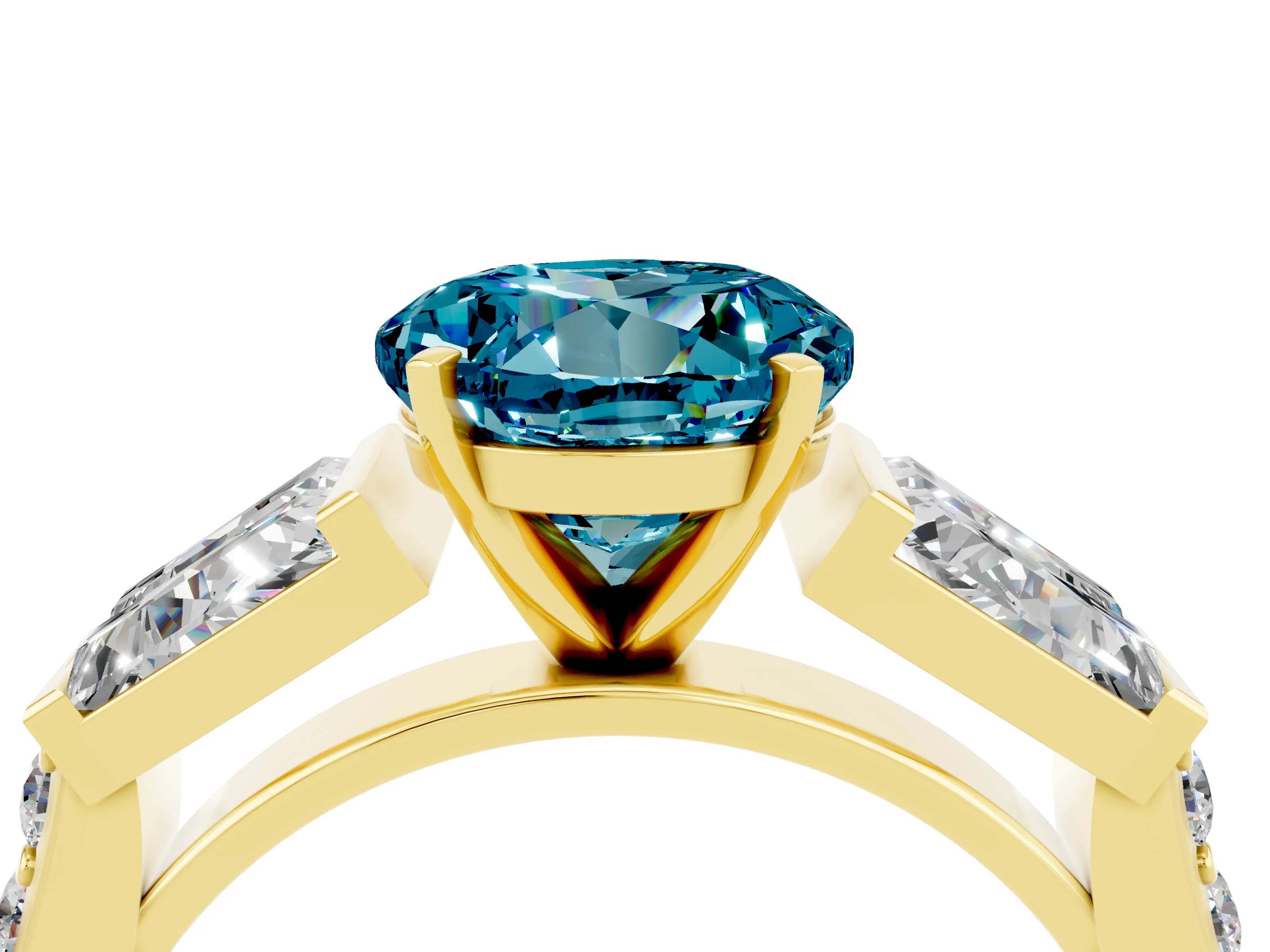 Yellow gold Round Cut Blue Topaz Engagement Ring with Baguette Side Stones and Channel Set Band_4
