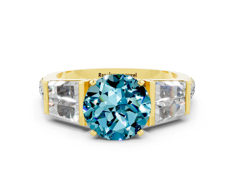Yellow gold Round Cut Blue Topaz Engagement Ring with Baguette Side Stones and Channel Set Band