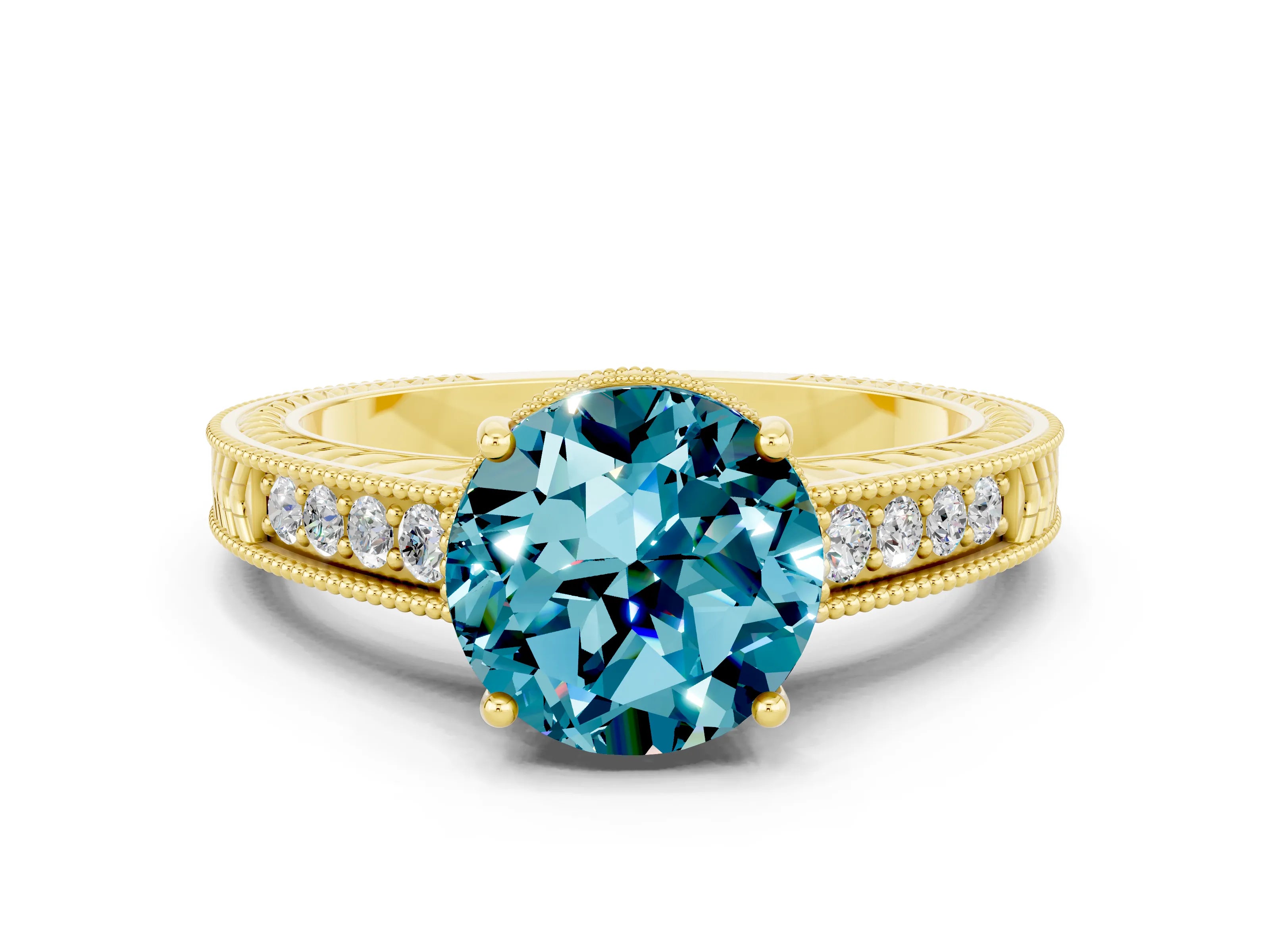 Yellow gold Round Cut Blue Topaz Engagement Ring with Milgrain Channel Set Band and Prong Setting