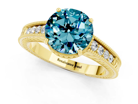 Yellow gold Round Cut Blue Topaz Engagement Ring with Milgrain Channel Set Band and Prong Setting_1