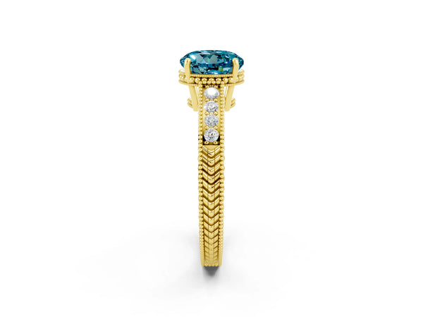 Yellow gold Round Cut Blue Topaz Engagement Ring with Milgrain Channel Set Band and Prong Setting