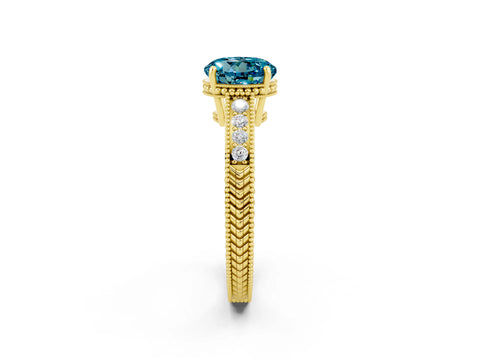 Yellow gold Round Cut Blue Topaz Engagement Ring with Milgrain Channel Set Band and Prong Setting_2
