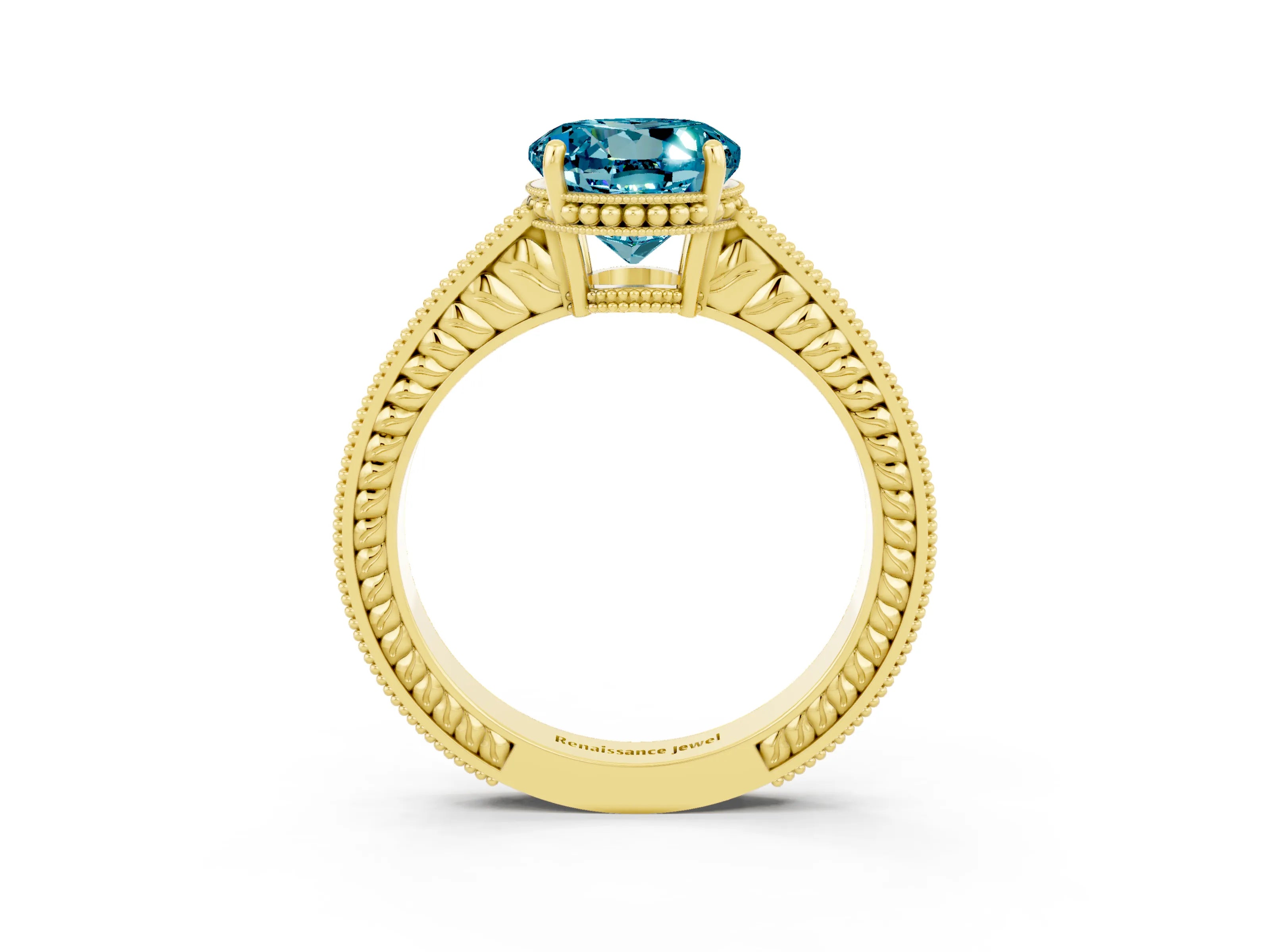 Yellow gold Round Cut Blue Topaz Engagement Ring with Milgrain Channel Set Band and Prong Setting_3
