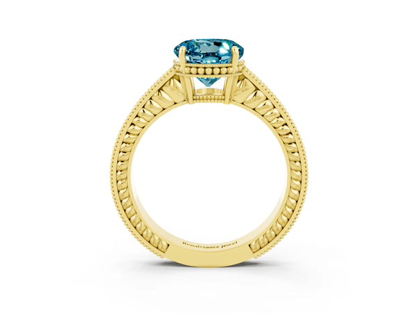 Yellow gold Round Cut Blue Topaz Engagement Ring with Milgrain Channel Set Band and Prong Setting