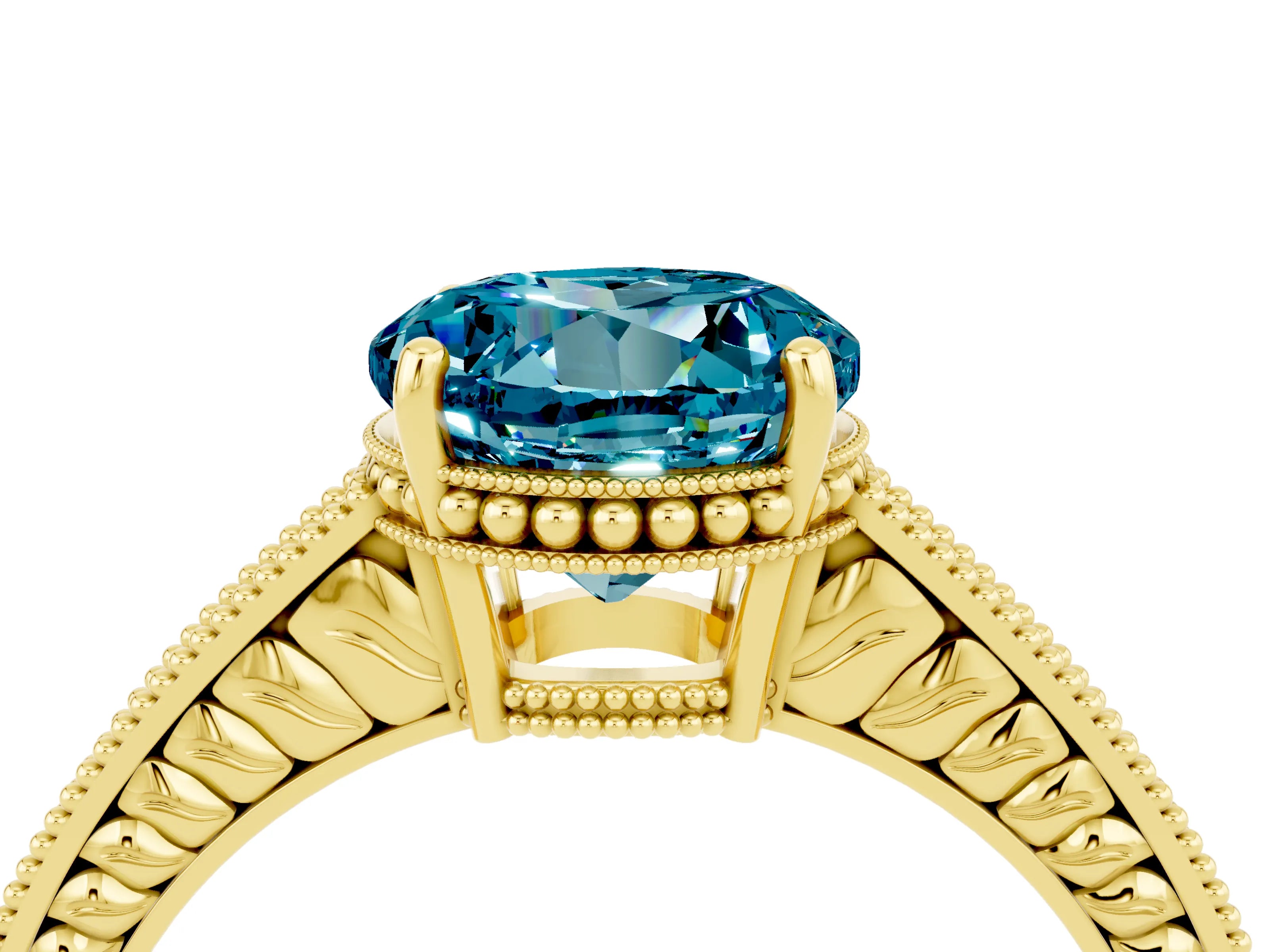 Yellow gold Round Cut Blue Topaz Engagement Ring with Milgrain Channel Set Band and Prong Setting_4