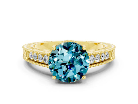 Yellow gold Round Cut Blue Topaz Engagement Ring with Milgrain Channel Set Band and Prong Setting