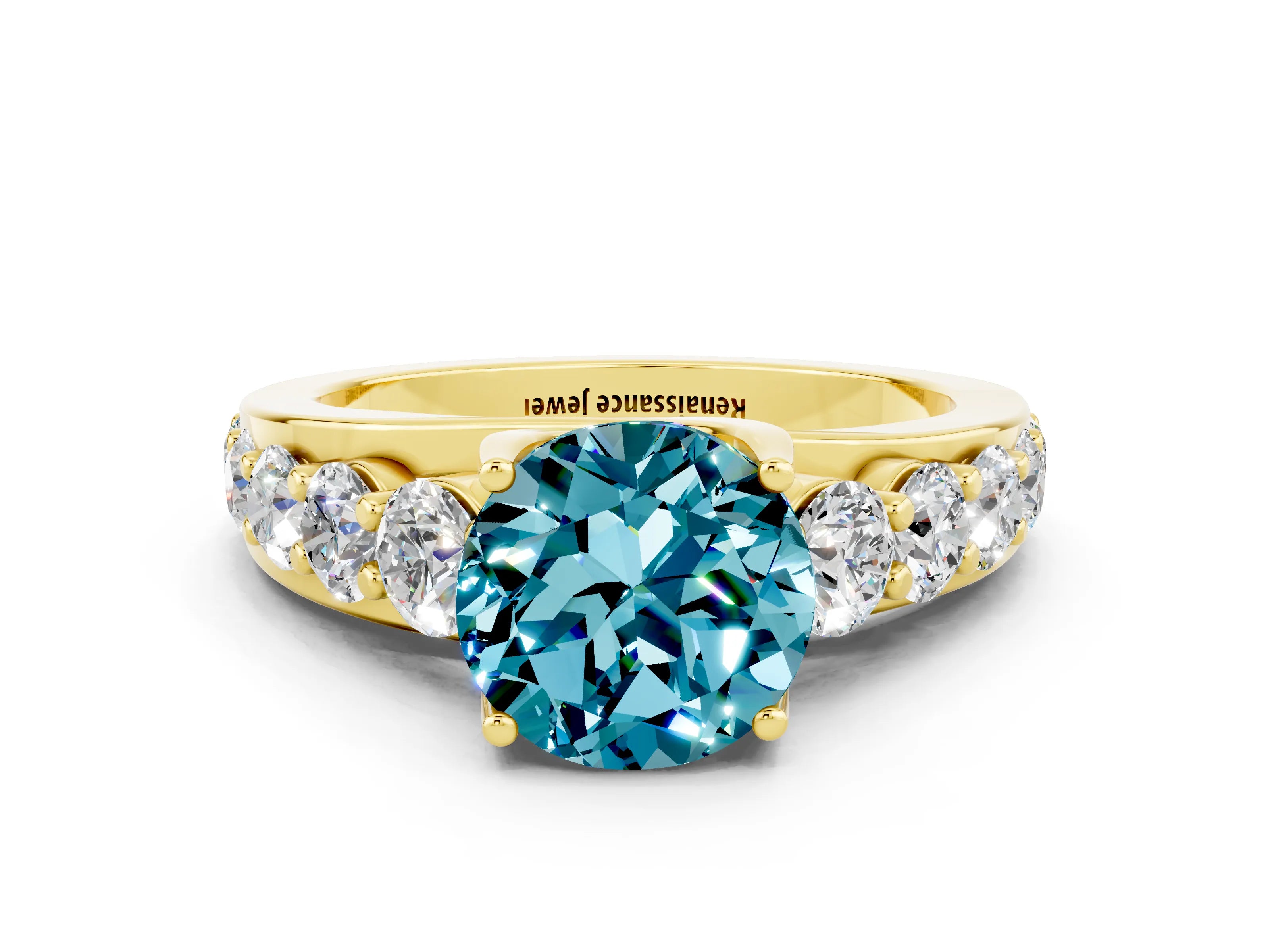 Yellow gold Round Cut Blue Topaz Engagement Ring with Pavé Band and Four-Prong Setting