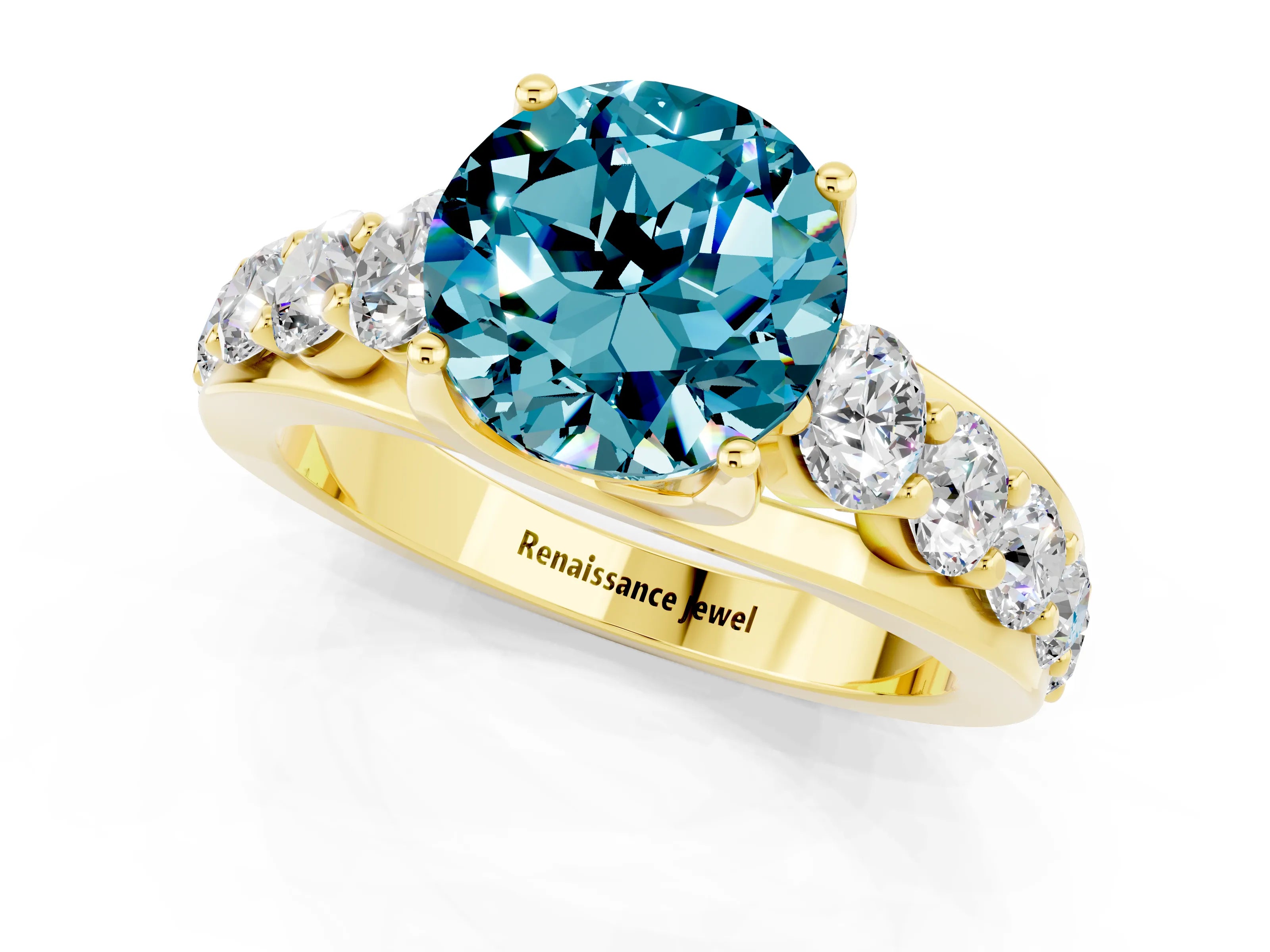Yellow gold Round Cut Blue Topaz Engagement Ring with Pavé Band and Four-Prong Setting_1