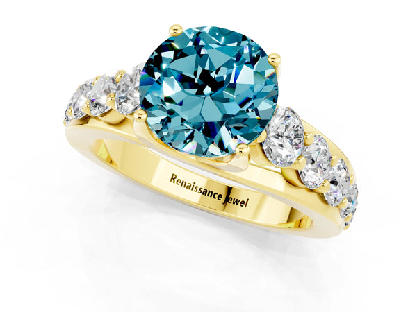 Yellow gold Round Cut Blue Topaz Engagement Ring with Pavé Band and Four-Prong Setting