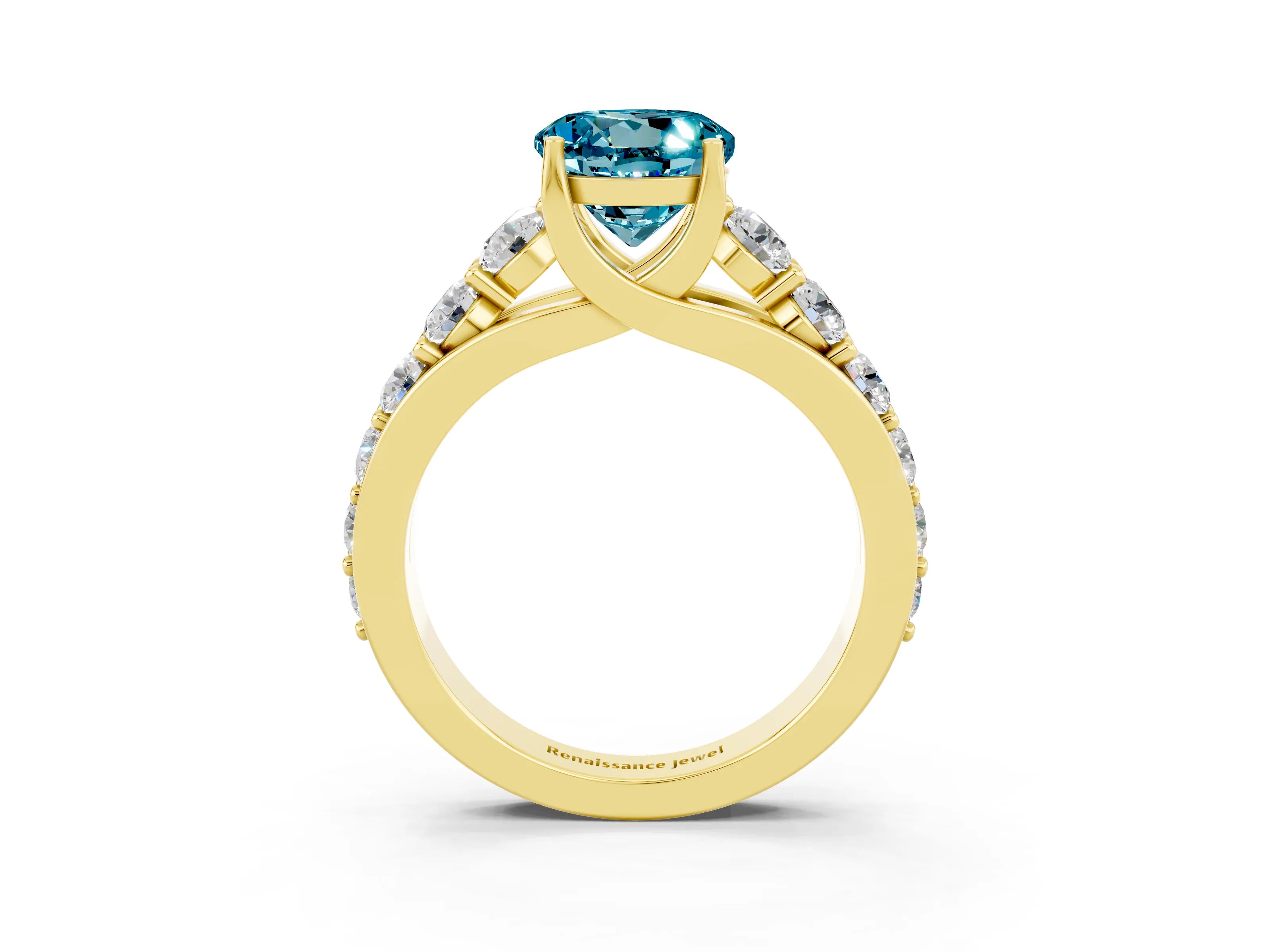 Yellow gold Round Cut Blue Topaz Engagement Ring with Pavé Band and Four-Prong Setting_3