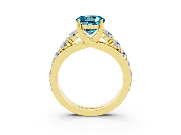 Yellow gold Round Cut Blue Topaz Engagement Ring with Pavé Band and Four-Prong Setting