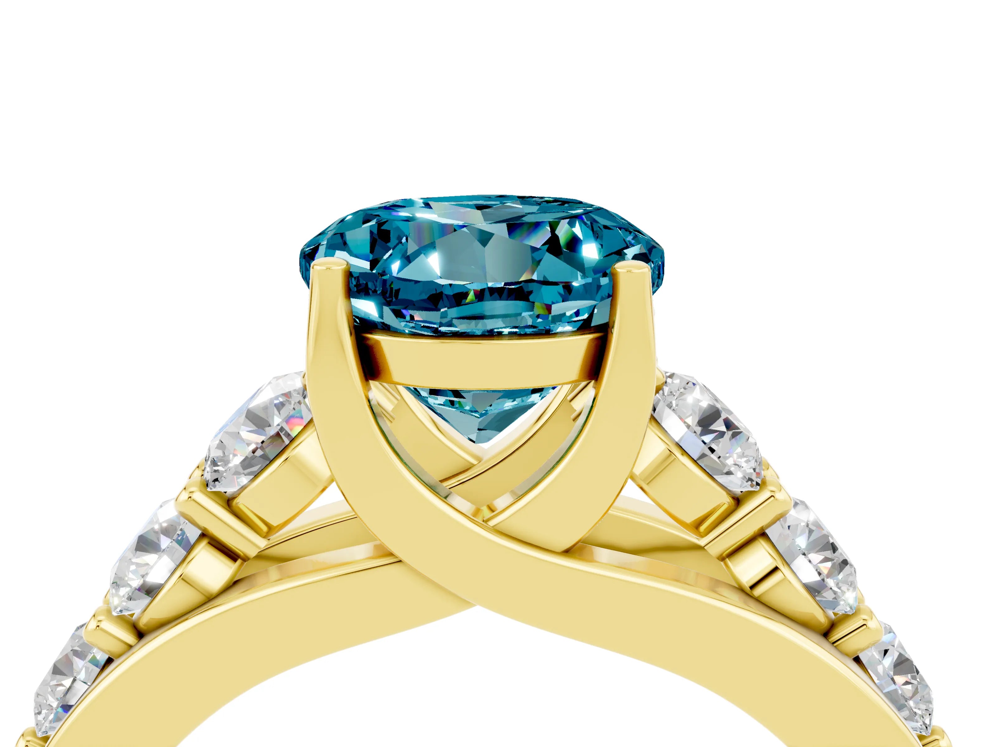 Yellow gold Round Cut Blue Topaz Engagement Ring with Pavé Band and Four-Prong Setting_4