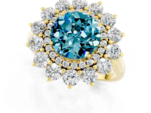 Yellow gold Round Cut Blue Topaz Floral Double Halo Engagement Ring with Prong Setting