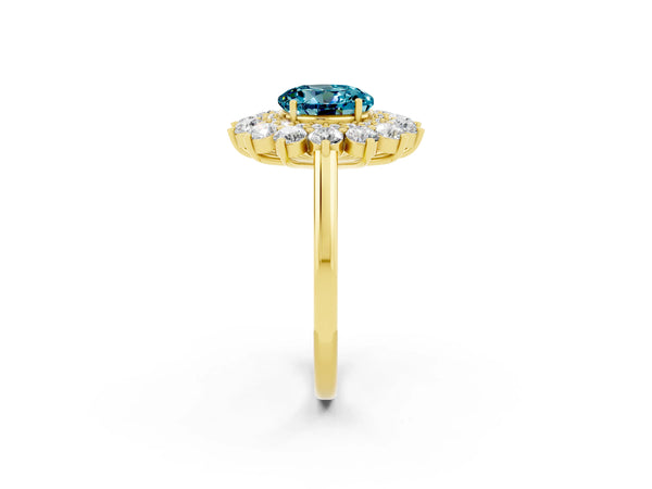 Yellow gold Round Cut Blue Topaz Floral Double Halo Engagement Ring with Prong Setting