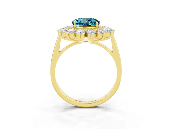 Yellow gold Round Cut Blue Topaz Floral Double Halo Engagement Ring with Prong Setting