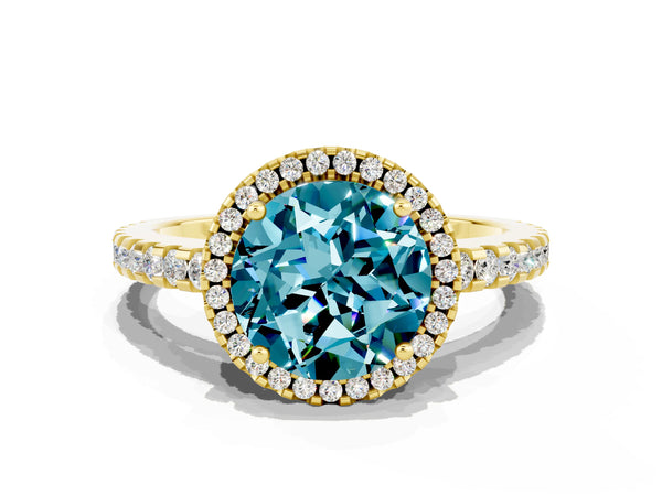 Yellow gold Round Cut Blue Topaz Halo Engagement Ring with Pavé Band and Prong Setting