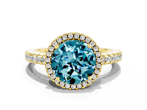 Yellow gold Round Cut Blue Topaz Halo Engagement Ring with Pavé Band and Prong Setting_12