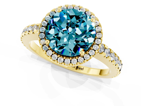 Yellow gold Round Cut Blue Topaz Halo Engagement Ring with Pavé Band and Prong Setting