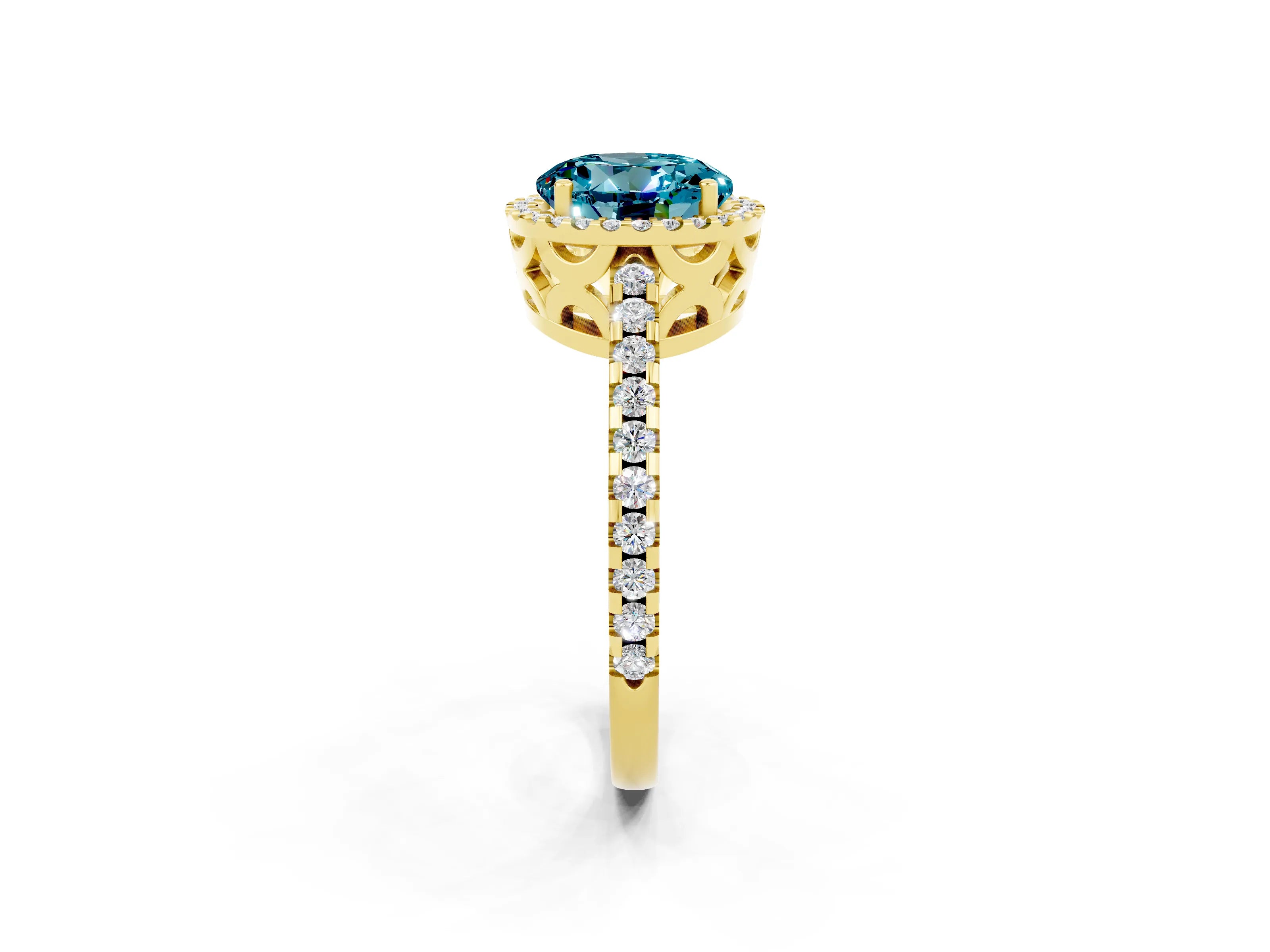 Yellow gold Round Cut Blue Topaz Halo Engagement Ring with Pavé Band and Prong Setting_14