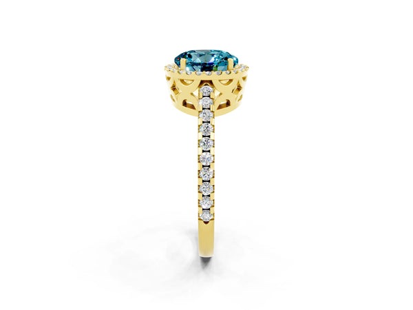 Yellow gold Round Cut Blue Topaz Halo Engagement Ring with Pavé Band and Prong Setting