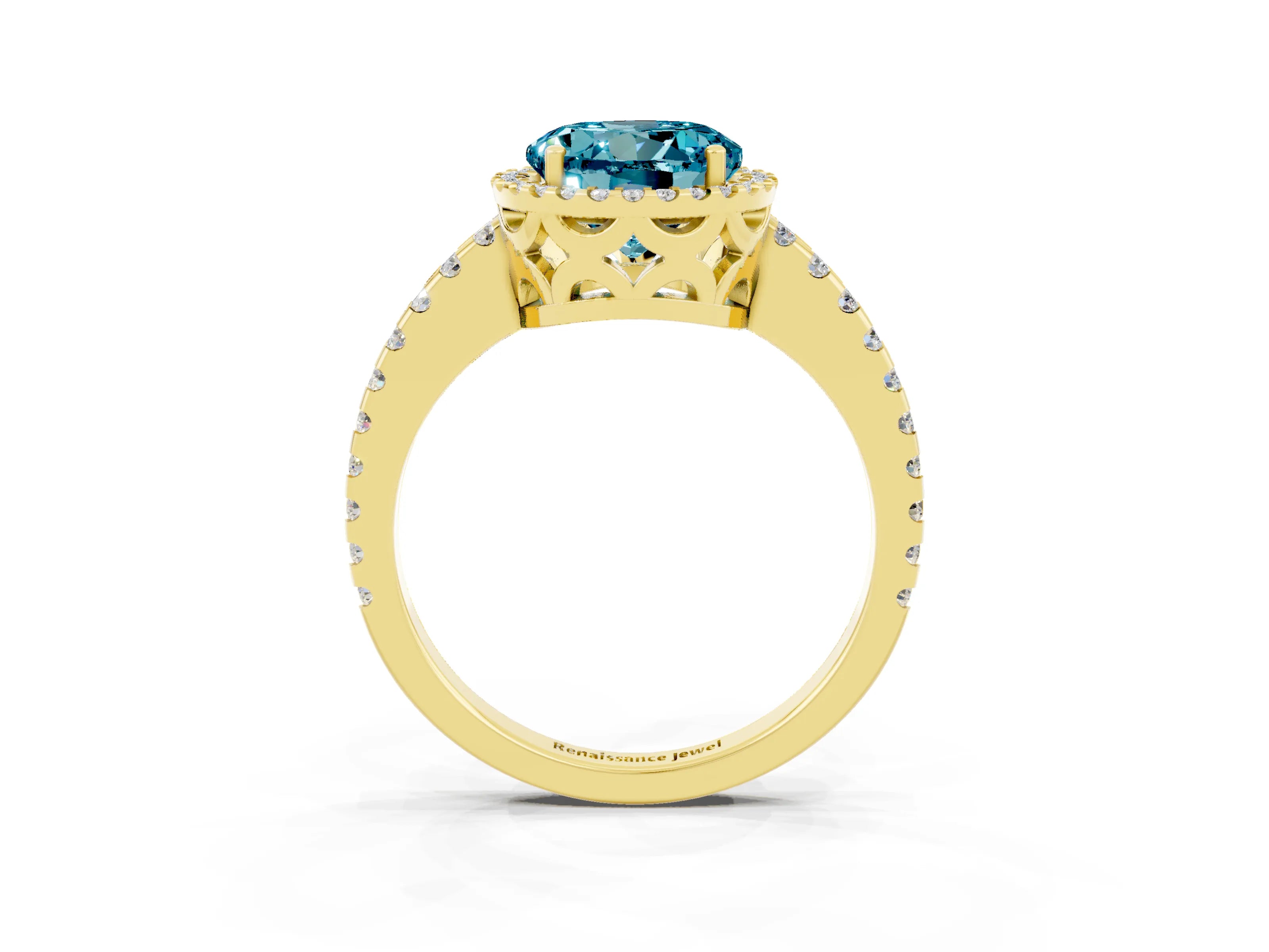 Yellow gold Round Cut Blue Topaz Halo Engagement Ring with Pavé Band and Prong Setting_15
