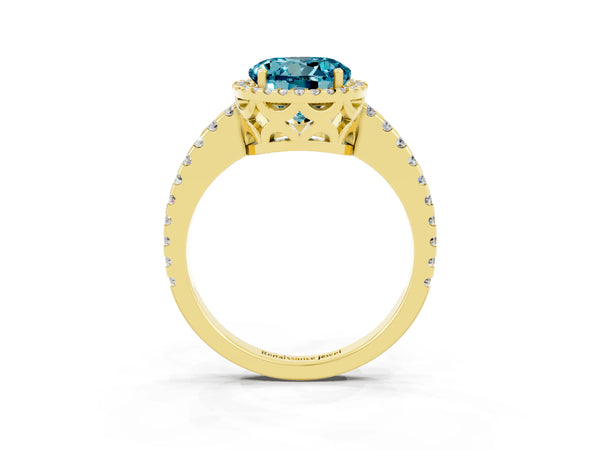 Yellow gold Round Cut Blue Topaz Halo Engagement Ring with Pavé Band and Prong Setting