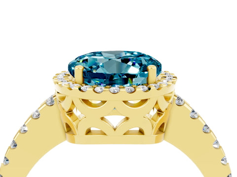 Yellow gold Round Cut Blue Topaz Halo Engagement Ring with Pavé Band and Prong Setting_16