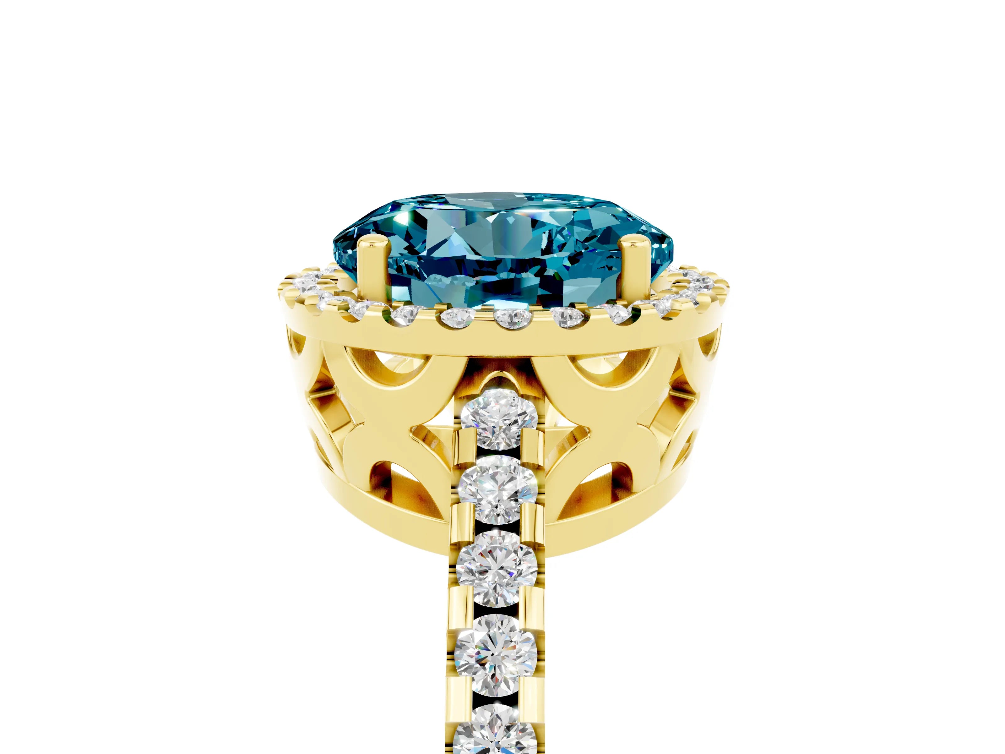 Yellow gold Round Cut Blue Topaz Halo Engagement Ring with Pavé Band and Prong Setting_17