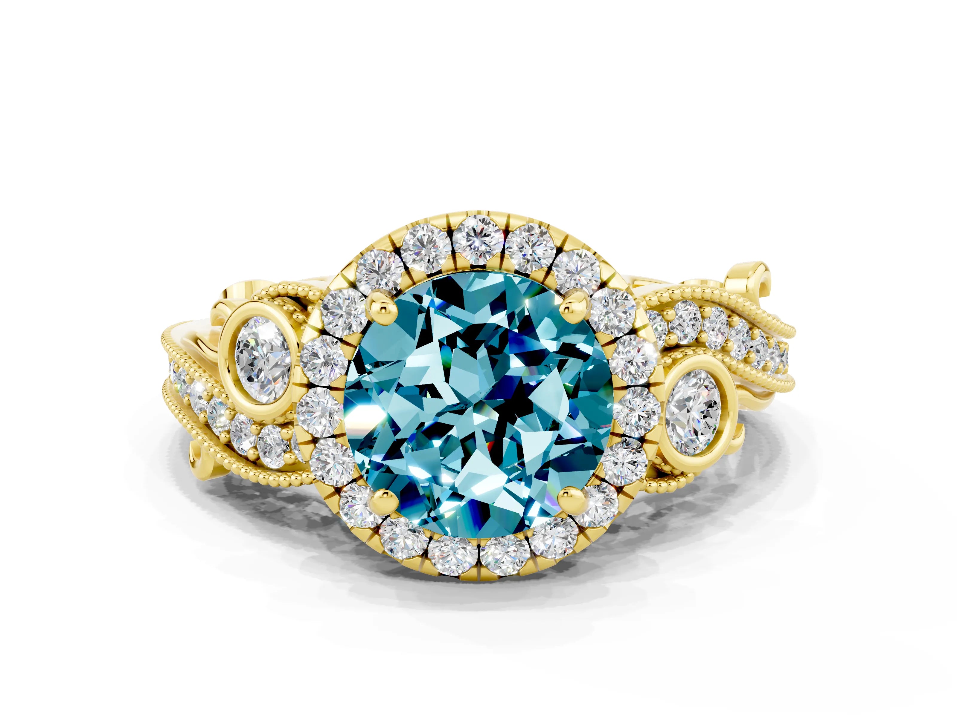 Yellow gold Round Cut Blue Topaz Halo Ring with Milgrain Pavé Band and Four-Prong Setting_12