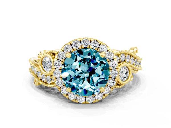 Yellow gold Round Cut Blue Topaz Halo Ring with Milgrain Pavé Band and Four-Prong Setting